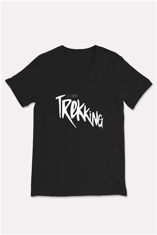 Doğa Yürüyüşü - Trekking Baskılı Unisex Siyah V Yaka Tişört