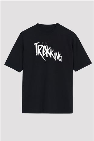 Doğa Yürüyüşü - Trekking Baskılı Unisex Siyah Oversize Tişört