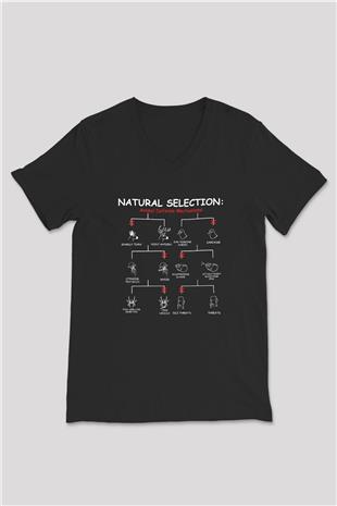 Doğal Seleksiyon Baskılı Unisex V Yaka Siyah Tİşört - Tshirt