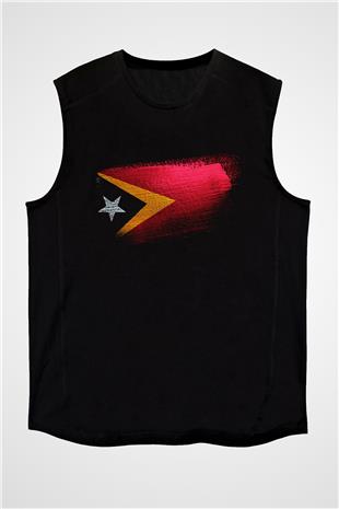 Doğu Timor - East Timor Bayrağı Baskılı Unisex Siyah Kolsuz Tişört