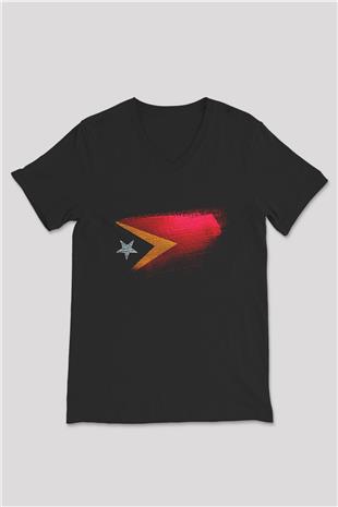 Doğu Timor - East Timor Bayrağı Baskılı Unisex Siyah V Yaka Tişört
