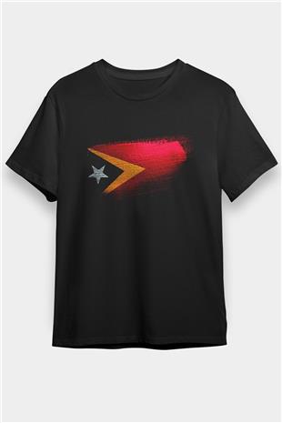 Doğu Timor - East Timor Bayrağı Baskılı Unisex Siyah Tişört