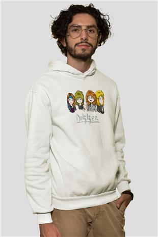 Dokken Baskılı Beyaz Unisex Kapüşonlu Sweatshirt