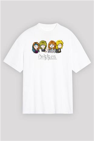 Dokken Baskılı Beyaz Unisex Oversize Tişört - Tshirt