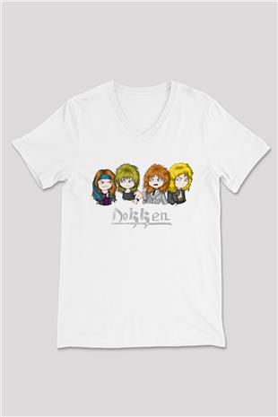 Dokken Baskılı Beyaz Unisex V Yaka Tişört - Tshirt