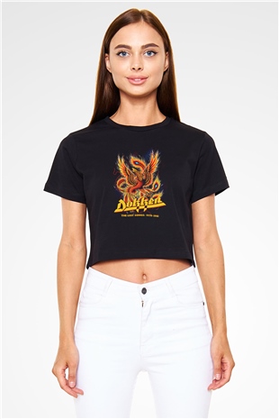 Dokken Baskılı Siyah Crop Top Kadın Tişört - Tshirt