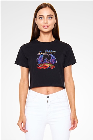 Dokken Baskılı Siyah Crop Top Kadın Tişört - Tshirt