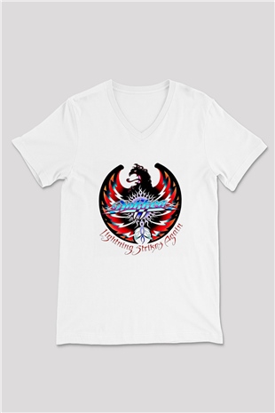 Dokken Baskılı Unisex Beyaz V Yaka Tişört