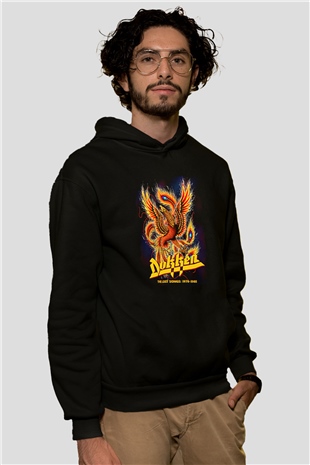 Dokken Baskılı Unisex Siyah Kapüşonlu Sweatshirt
