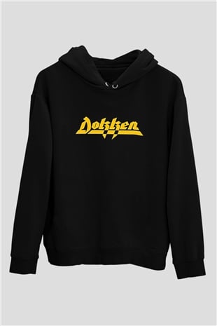 Dokken Baskılı Unisex Siyah Kapüşonlu Sweatshirt