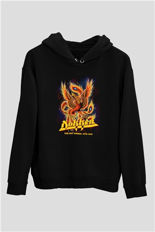 Dokken Baskılı Unisex Siyah Kapüşonlu Sweatshirt