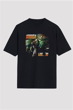 Dokken Baskılı Unisex Siyah Oversize Tişört