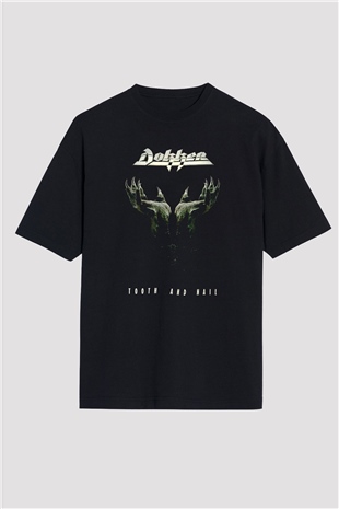 Dokken Baskılı Unisex Siyah Oversize Tişört - Tshirt