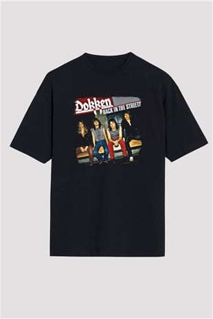 Dokken Baskılı Unisex Siyah Oversize Tişört