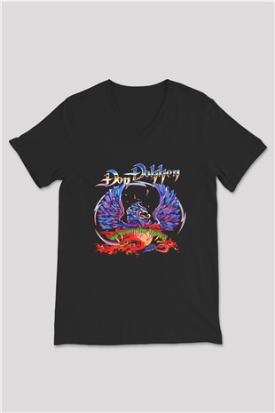Dokken Baskılı Unisex Siyah V Yaka Tişört - Tshirt