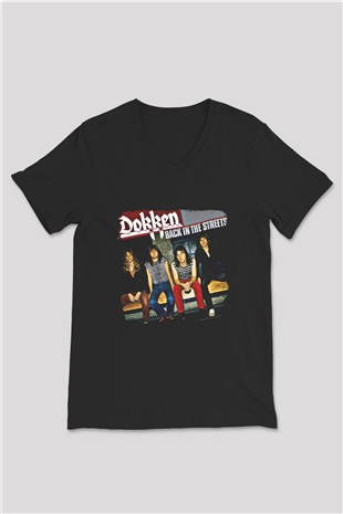 Dokken Baskılı Unisex Siyah V Yaka Tişört