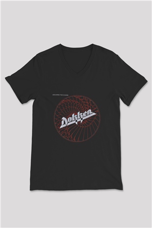 Dokken Baskılı Unisex Siyah V Yaka Tişört