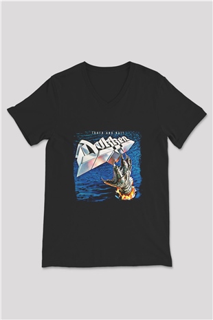 Dokken Baskılı Unisex Siyah V Yaka Tişört