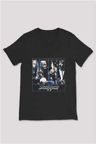 Dokken Baskılı Unisex Siyah V Yaka Tişört
