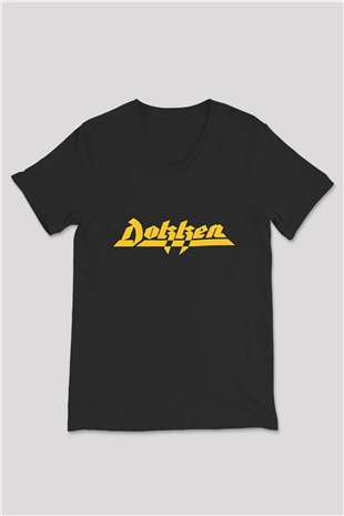 Dokken Baskılı Unisex Siyah V Yaka Tişört - Tshirt