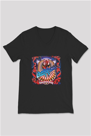 Dokken Baskılı Unisex Siyah V Yaka Tişört