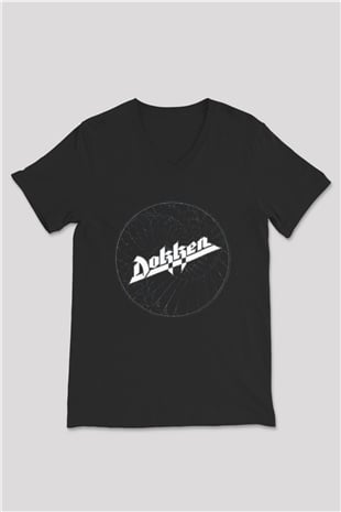 Dokken Baskılı Unisex Siyah V Yaka Tişört - Tshirt