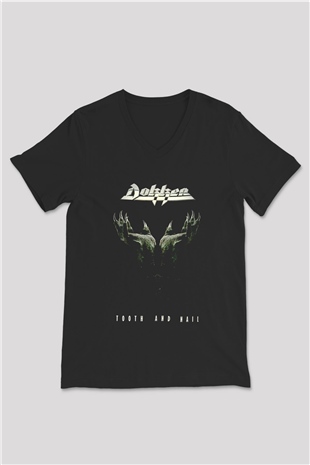 Dokken Baskılı Unisex Siyah V Yaka Tişört - Tshirt