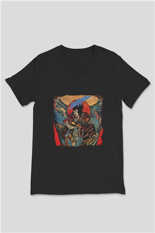 Dokken Baskılı Unisex Siyah V Yaka Tişört