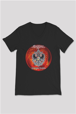 Dokken Baskılı Unisex Siyah V Yaka Tişört - Tshirt