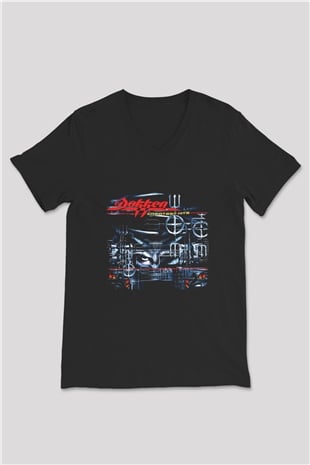 Dokken Baskılı Unisex Siyah V Yaka Tişört