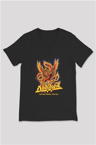 Dokken Baskılı Unisex Siyah V Yaka Tişört - Tshirt
