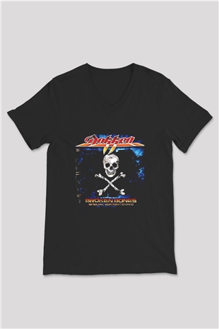 Dokken Baskılı Unisex Siyah V Yaka Tişört