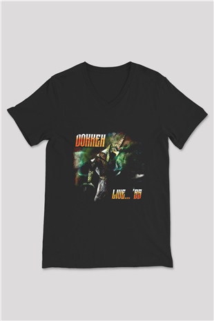 Dokken Baskılı Unisex Siyah V Yaka Tişört