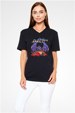 Dokken Baskılı Unisex Siyah V Yaka Tişört - Tshirt