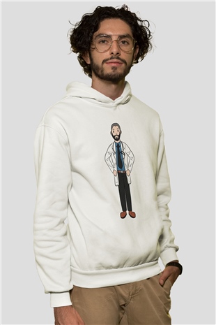 Doktor Beyaz Unisex Kapüşonlu Sweatshirt