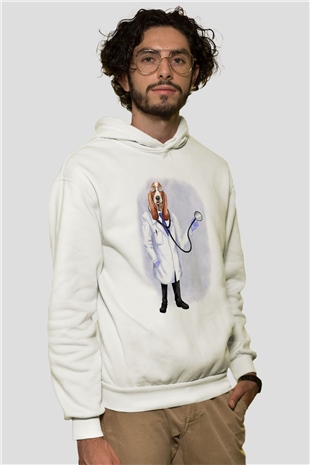 Doktor Beyaz Unisex Kapüşonlu Sweatshirt