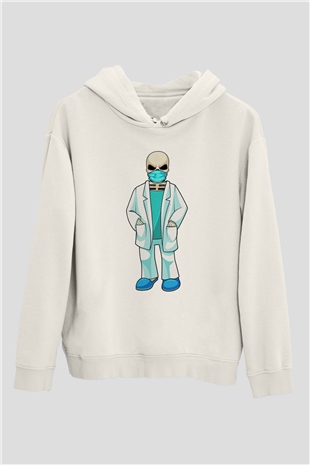 Doktor Beyaz Unisex Kapüşonlu Sweatshirt