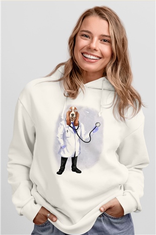 Doktor Beyaz Unisex Kapüşonlu Sweatshirt