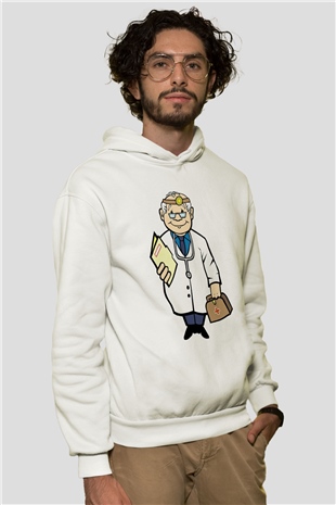 Doktor Beyaz Unisex Kapüşonlu Sweatshirt