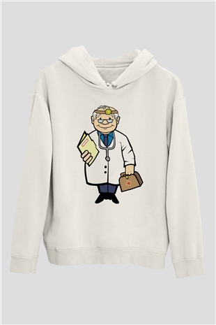 Doktor Beyaz Unisex Kapüşonlu Sweatshirt