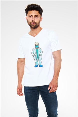 Doktor Beyaz Unisex V Yaka Tişört
