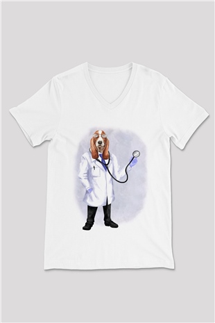 Doktor Beyaz Unisex V Yaka Tişört