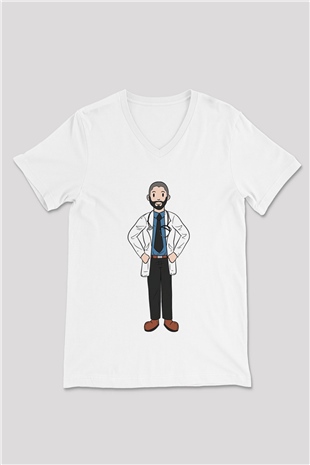 Doktor Beyaz Unisex V Yaka Tişört