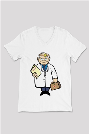 Doktor Beyaz Unisex V Yaka Tişört