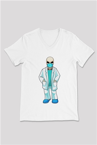 Doktor Beyaz Unisex V Yaka Tişört