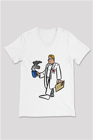 Doktor Beyaz Unisex V Yaka Tişört