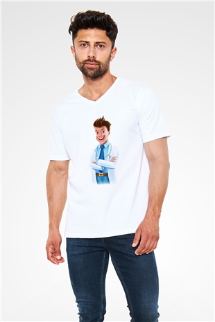 Doktor Beyaz Unisex V Yaka Tişört T-Shirt