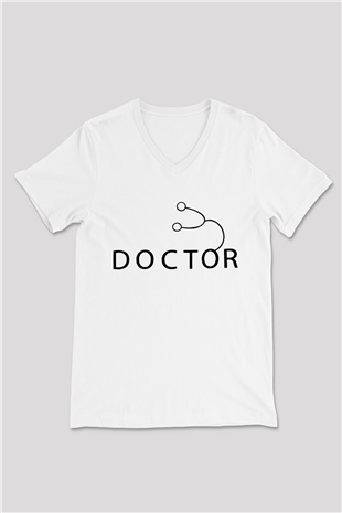 Doktor Beyaz Unisex V Yaka Tişört T-Shirt
