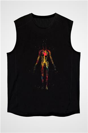 Dolaşım Sistemi Renkli Baskılı Unisex Kolsuz Siyah Tişört - Tshirt