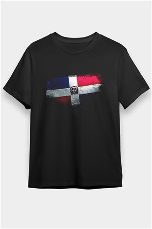 Dominik Cumhuriyeti - Dominican Republic Bayrağı Baskılı Unisex Siyah Tişört